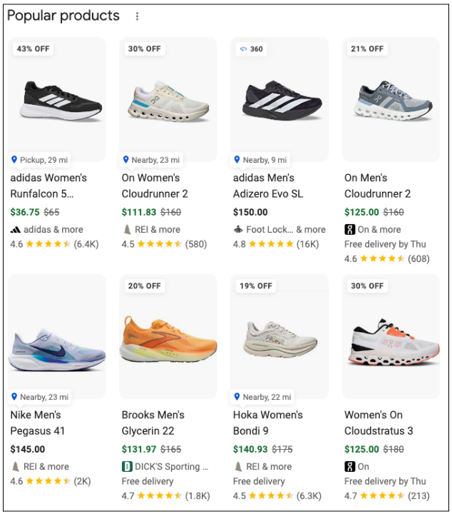 a SERP showing sneakers as Google Popular Products