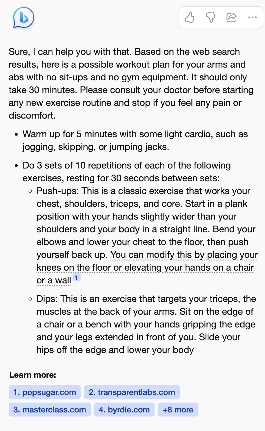 An example of a response from Bing Chat about creating a workout routine