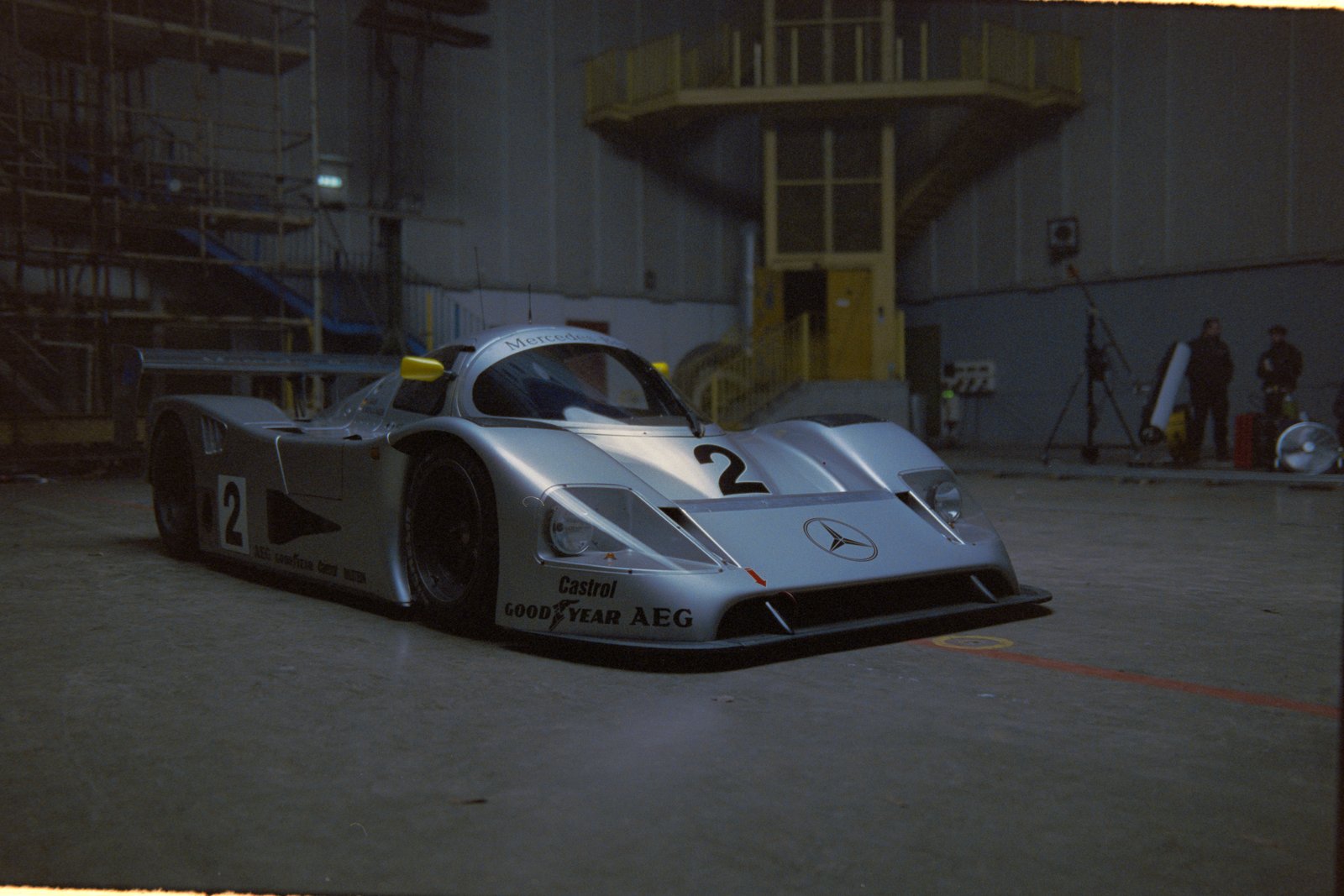 Mercedes Sauber C11 revealed, three-quarter front view with number 2 and film crew in background