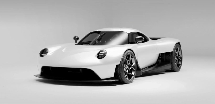 A white Oil Stain Lab HF-11 from the front three-quarter in a grey studio, with round headlights and exposed black sills