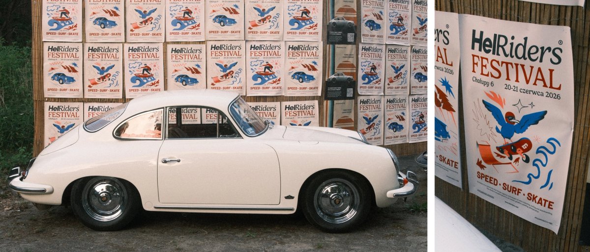 Cream Porsche 356 parked against a wall papered with HelRiders Festival posters, beside a close-up of the poster reading Speed Surf Skate, Chałupy 6, 20-21 June 2026