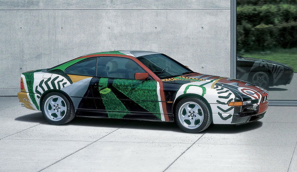A three-quarter view of the Hockney BMW 850CSi Art Car