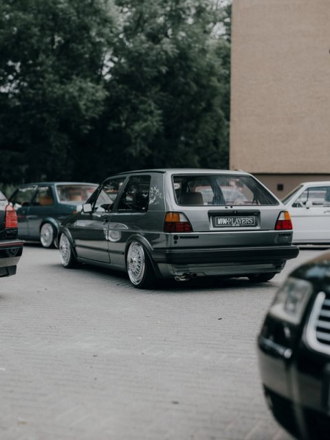 Grey Golf Mk2 on BBS RS wheels among other Golfs in the hotel car park