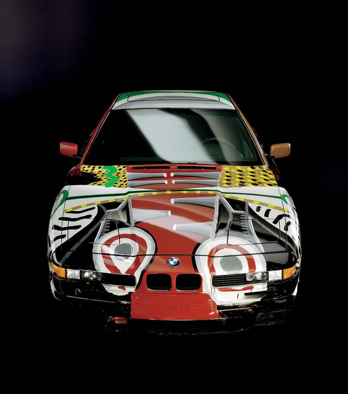 A vertical detail of the paintwork on David Hockney's BMW 850CSi Art Car