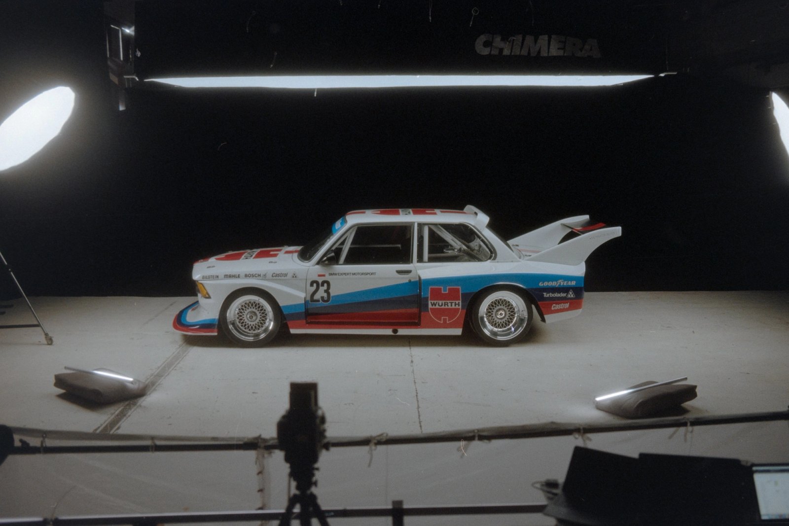 BMW 320 Group 5 Würth livery on a film set with Chimera softbox overhead