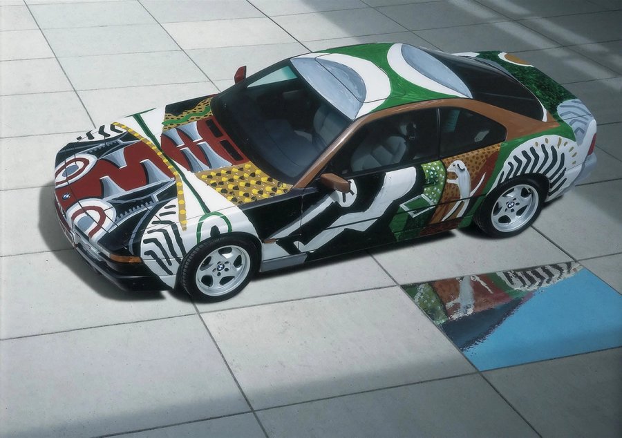 The Hockney 850CSi Art Car, abstract strokes and a dachshund motif across the panels