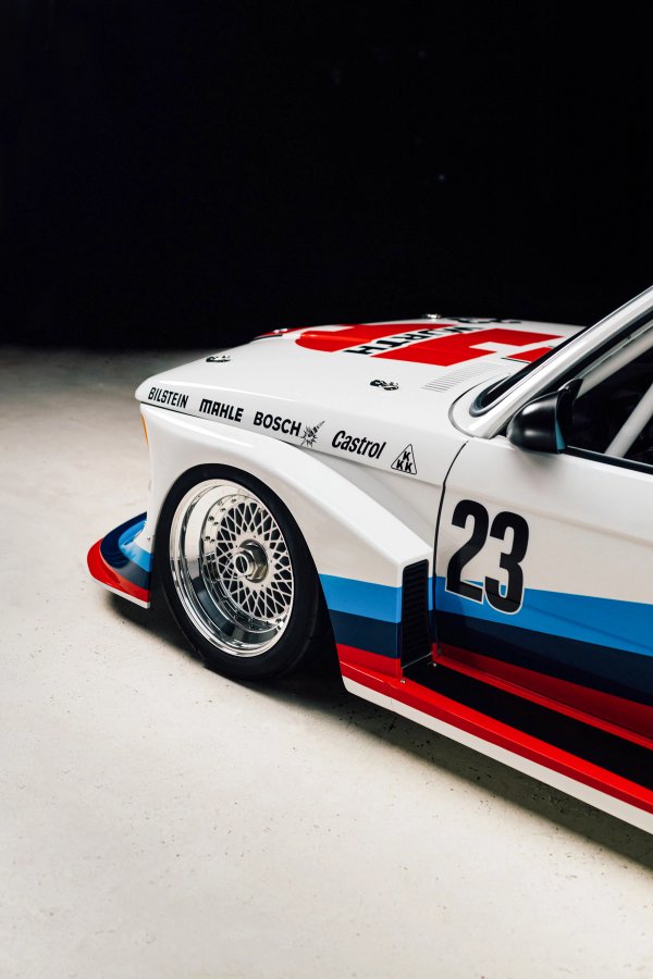 BMW E21 Group 5 front quarter detail showing number 23 and Bilstein Bosch Castrol sponsor stickers