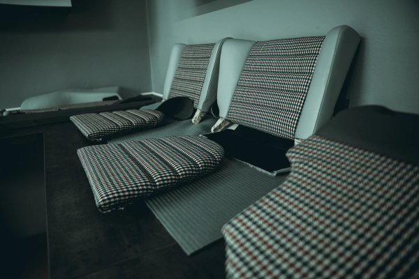 Houndstooth upholstery pieces laid out ready for stitching