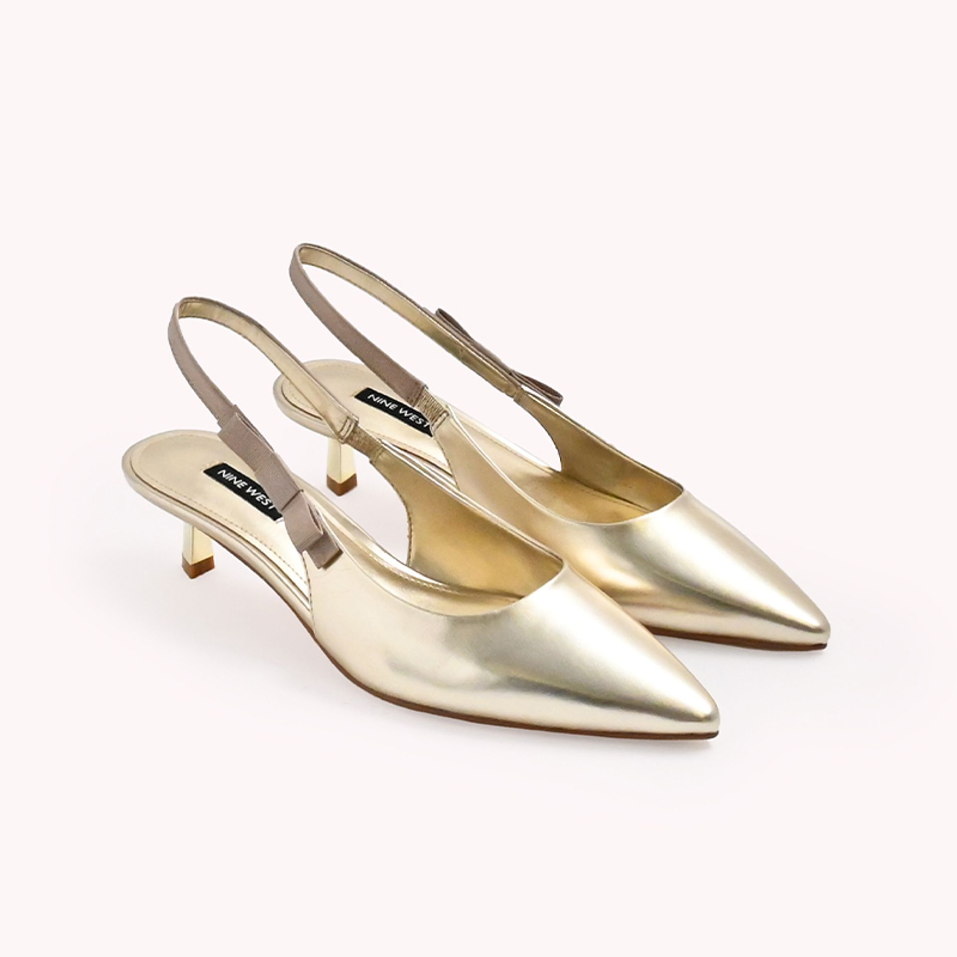 Nine West Shoes Womens Gold Leather Slingback Kitten Heeled Pumps With Bows