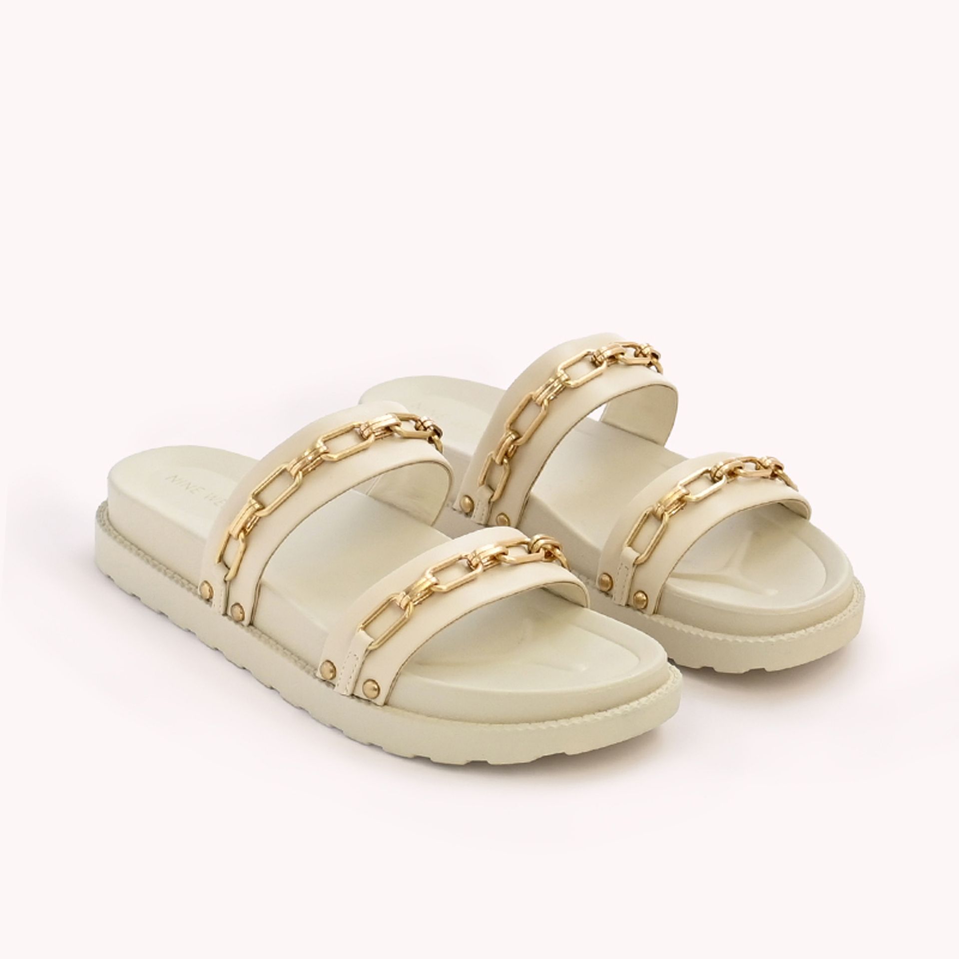 Nine West Womens White Cream Slides With Gold Chains