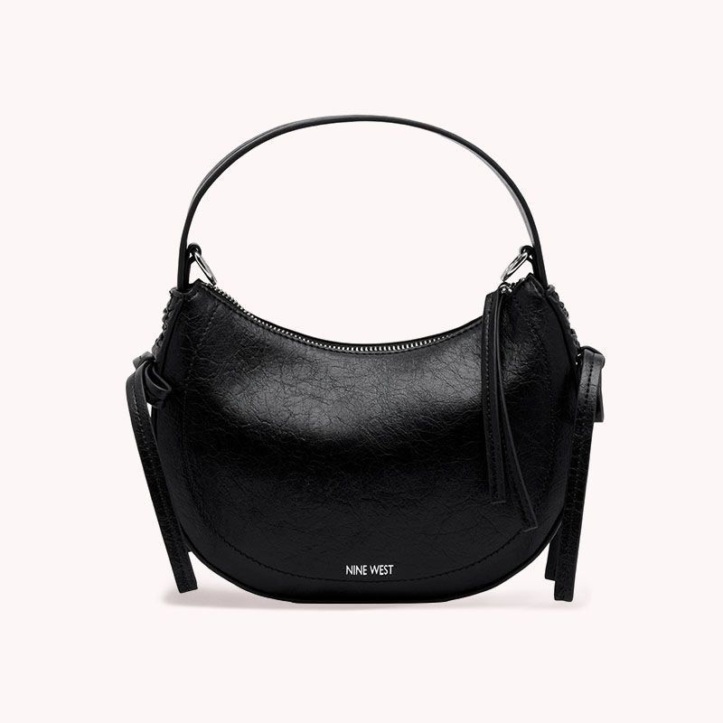 Nine West Womens Black Zipper Shoulder Handbag With Silver Foil Logo