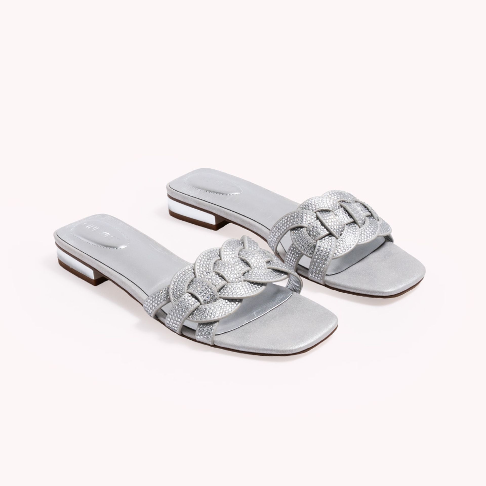 Nine West Womens Metallic Silver Diamanté Woven Slide Sandals