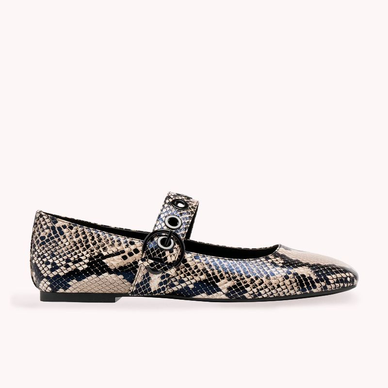 Nine West Womens Cream Snake Print Mary Jane Buckle Ballet Flats