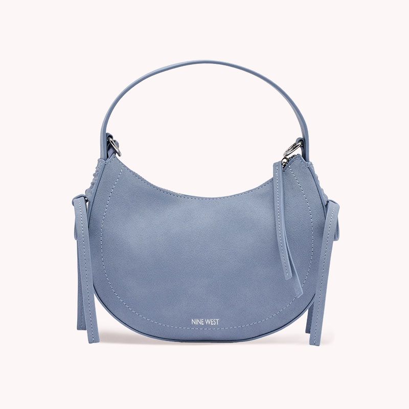 Nine West Womens Blue Suede Shoulder Handbag With Silver Foil Logo