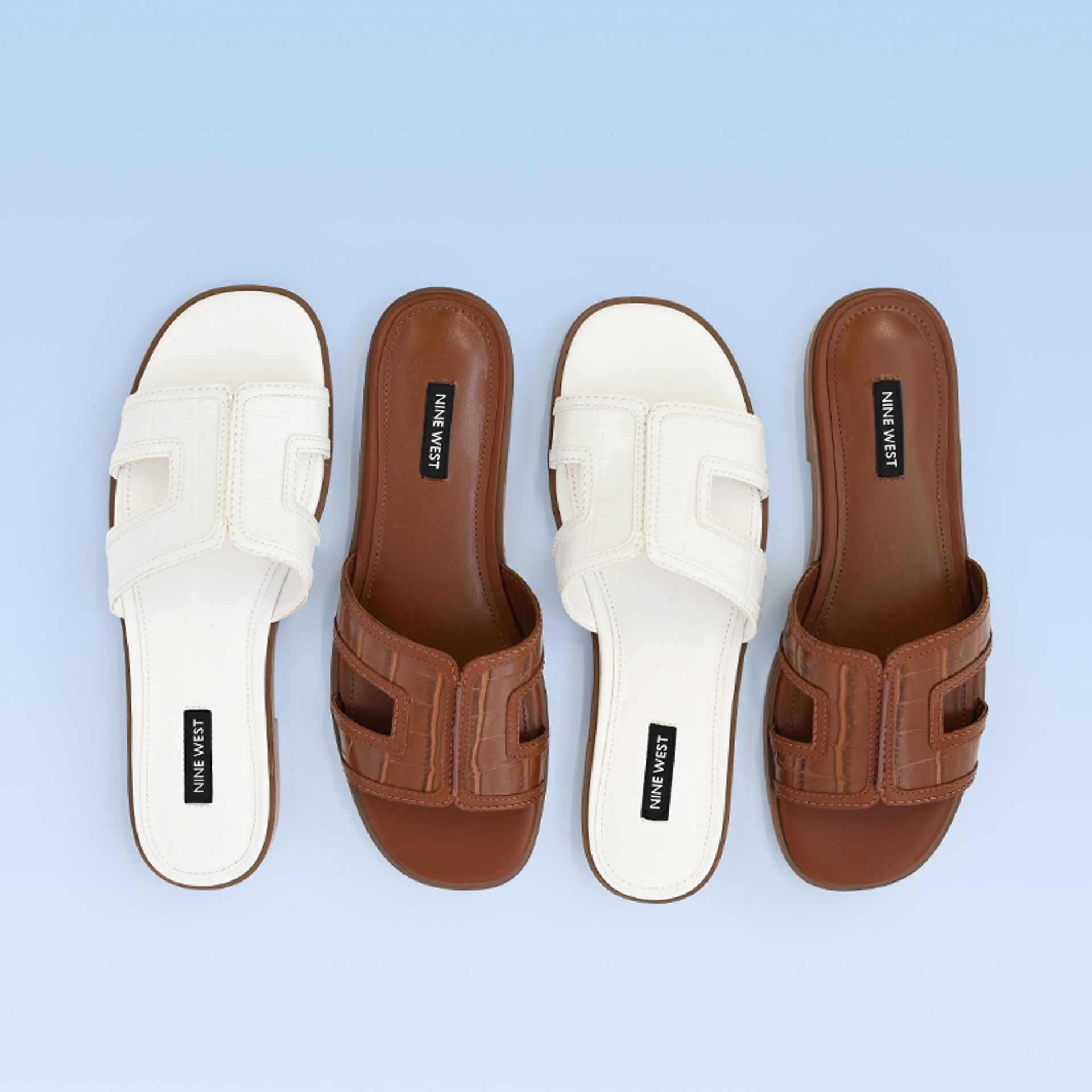Nine West Croc Effect White And Brown Slide Sandals
