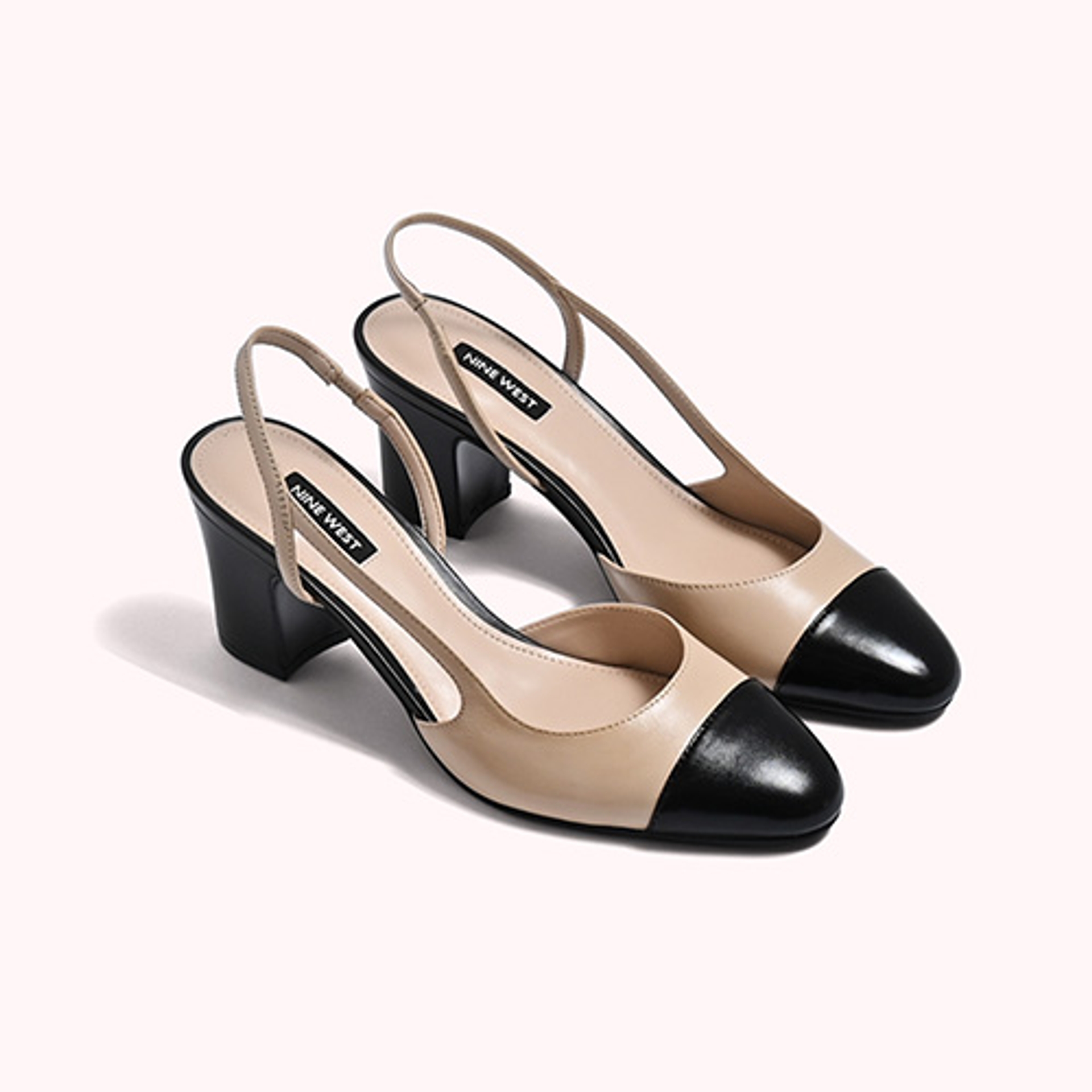 Nine West Womens Tan and Black Slingback Block Heel Pumps