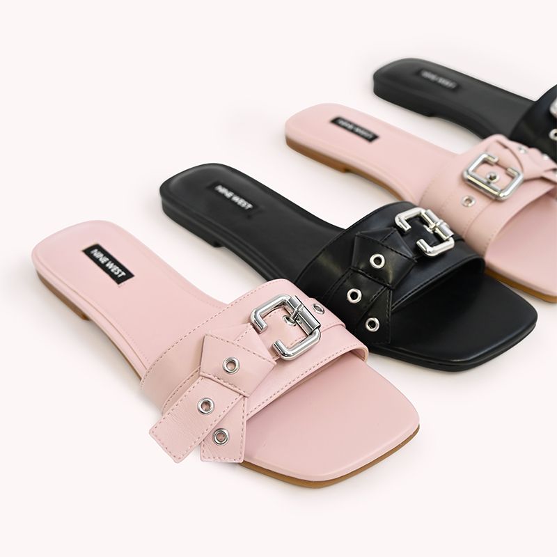 Nine West Pink and Black Flat Slides With Big Silver Buckles Ganni