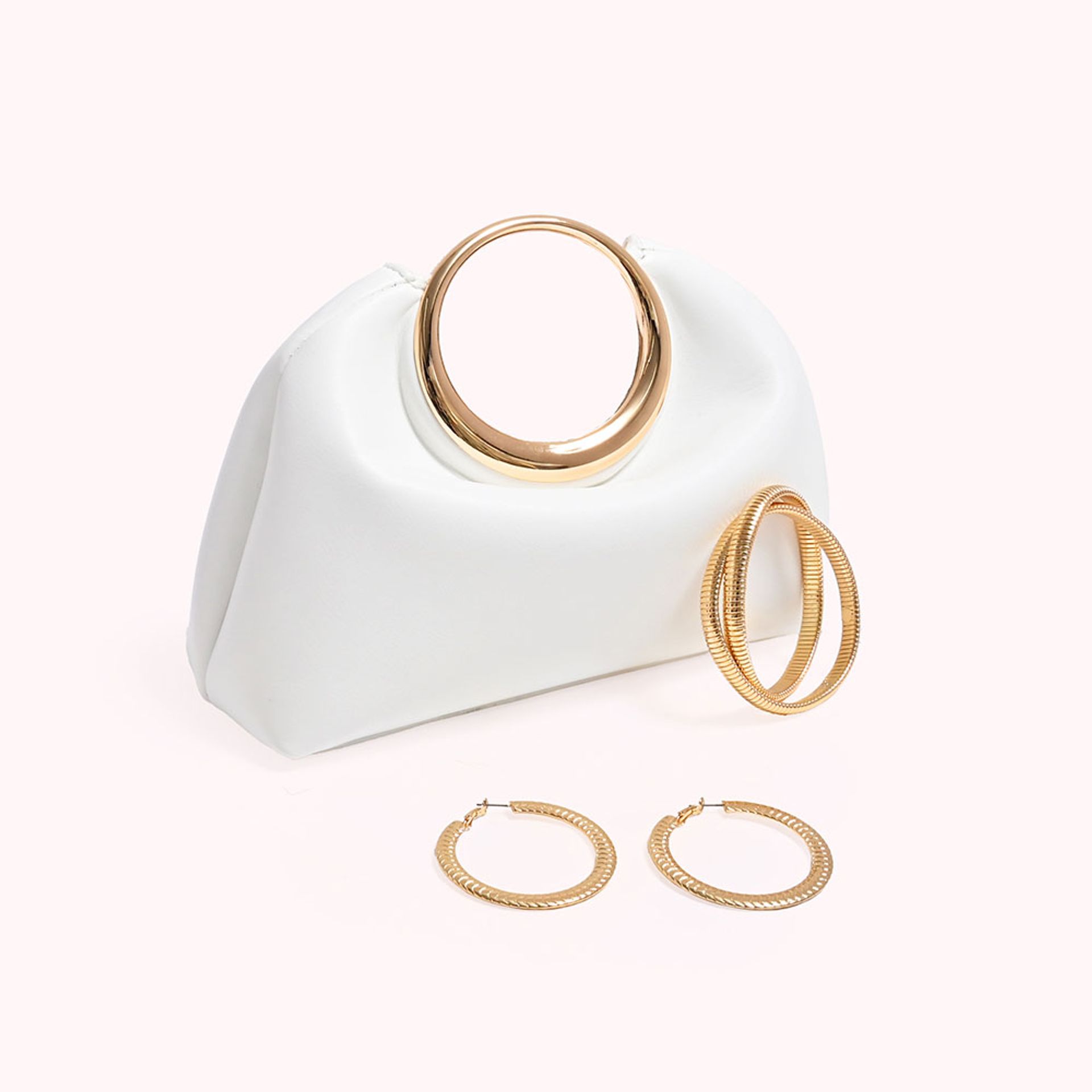 Nine West White Cutch Bag with Gold Ring Detail and Gold Toned Bangles