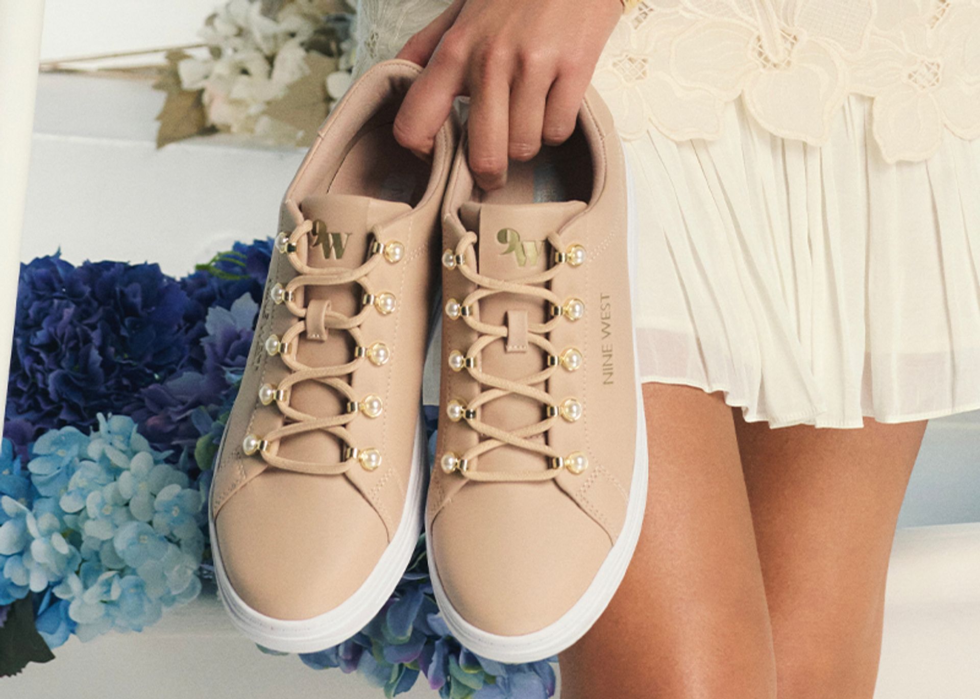 Nine West Womens beige sneakers with pearl detail