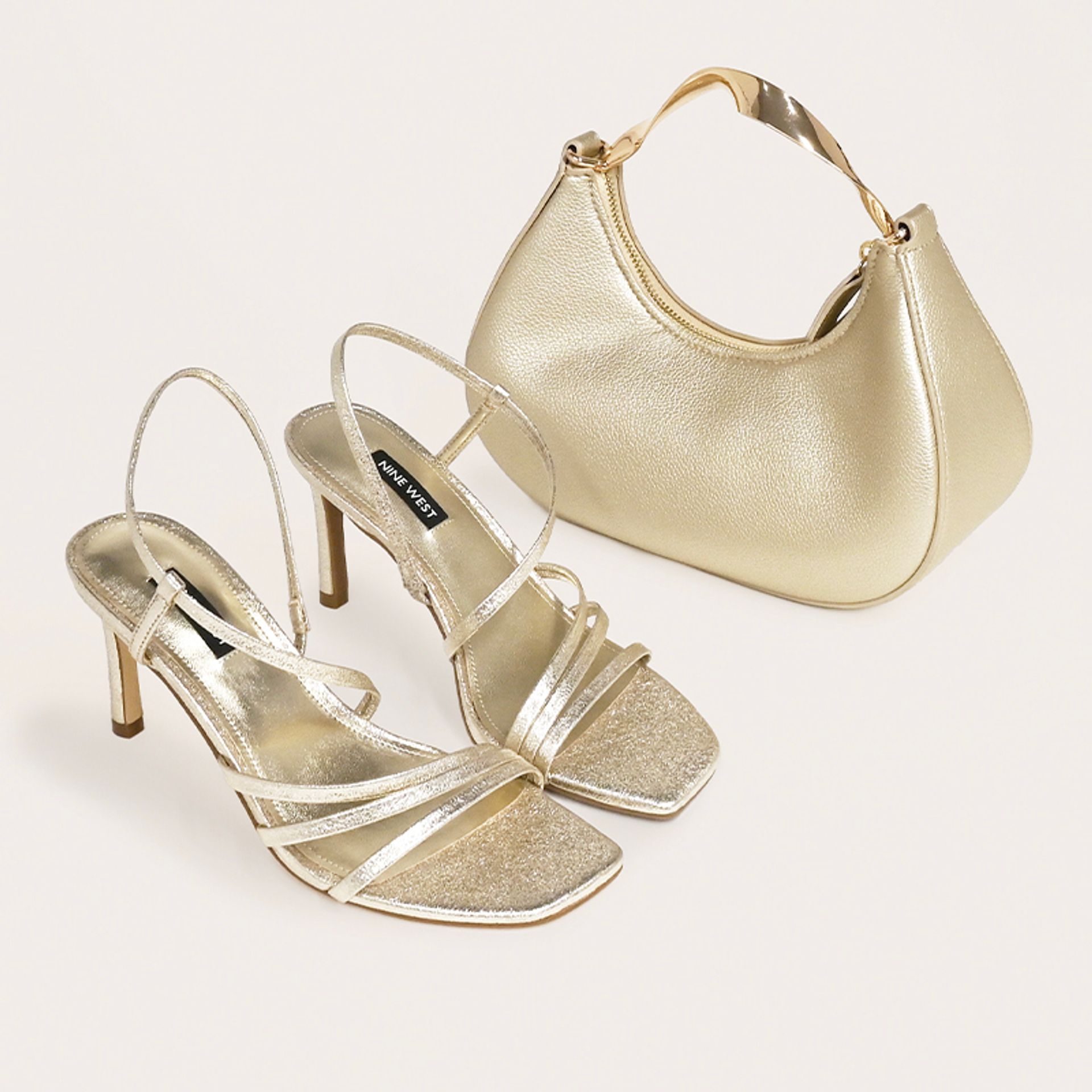 Nine West Gold Strappy Heeled Sandals with Gold Twist Handle Clutch