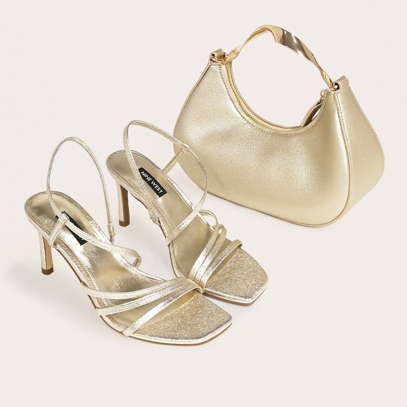 Nine West Gold Strappy Heeled Sandals with Gold Twist Handle Clutch