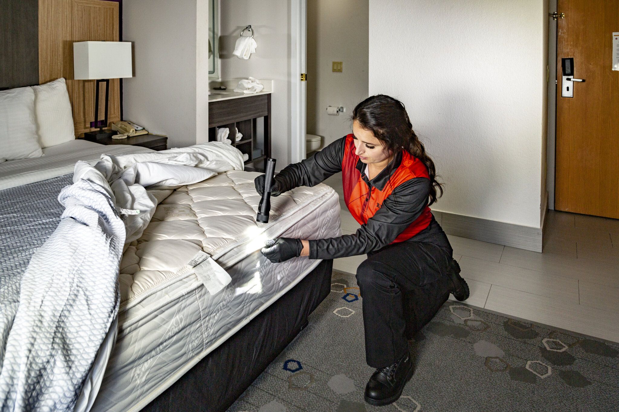 Image of an Adam's Technician Checking Bed Bugs for heat treatment