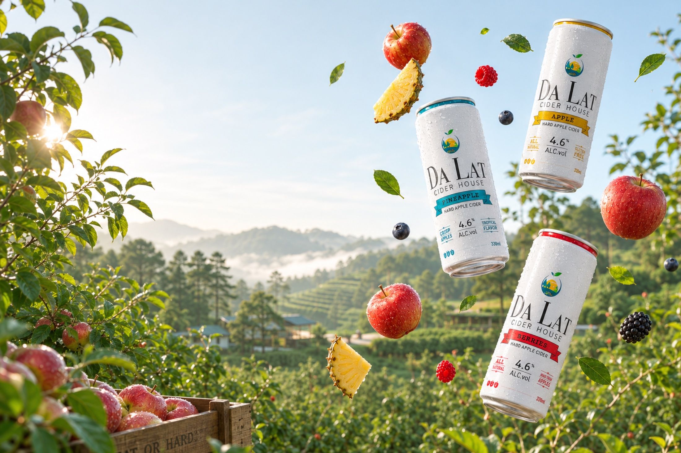 Da Lat Cider House cans and fresh fruit floating over the highland farms of Da Lat
