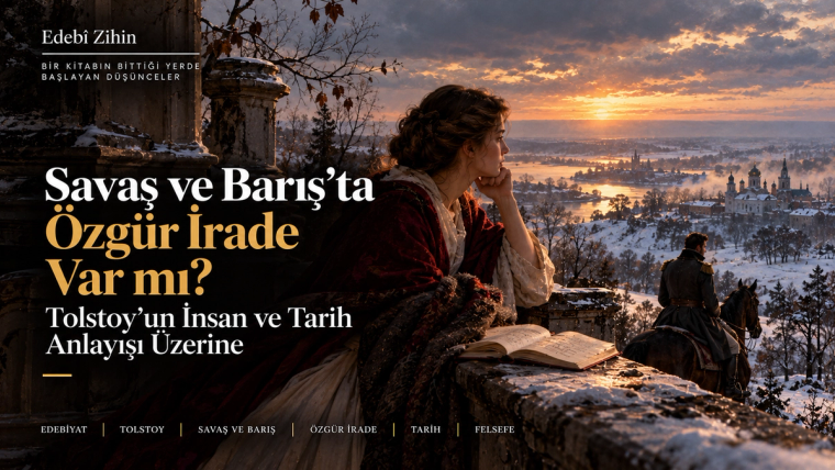 Karlı Rusya manzarasını izleyen genç bir kadın, açık kitap ve uzaktaki atlı figür; Savaş ve Barış’ta bireysel irade ile tarihsel koşullar arasındaki gerilimi simgeleyen Edebî Zihin illüstrasyonu.