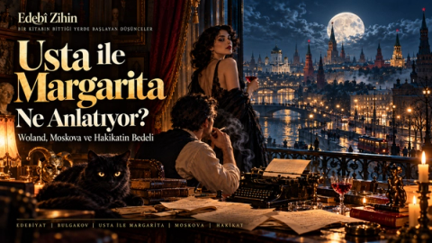 Ay ışığı altındaki Moskova manzarasına bakan Usta ve Margarita, ön planda kara kedi Behemot, daktilo ve el yazmalarıyla; romanın Woland, sanat, aşk ve hakikat eksenlerini bir araya getiren Edebî Zihin illüstrasyonu.