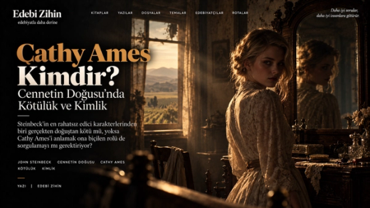 Aynanın önünde duran Cathy Ames figürüyle kötülük, kimlik ve anlatıcı bakışını çağrıştıran Cennetin Doğusu editoryal hero görseli