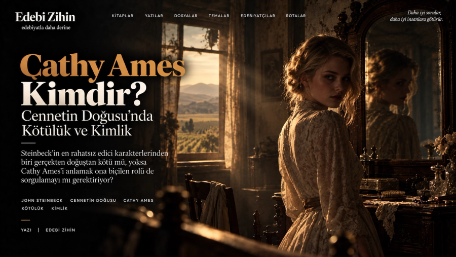Aynanın önünde duran Cathy Ames figürüyle kötülük, kimlik ve anlatıcı bakışını çağrıştıran Cennetin Doğusu editoryal hero görseli