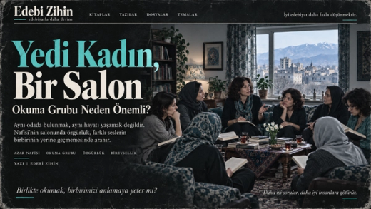 Tahran manzaralı bir salonda kitaplar etrafında konuşan kadınları gösteren temsili görsel. Solda turkuaz ve krem harflerle “Yedi Kadın, Bir Salon” başlığı bulunuyor.