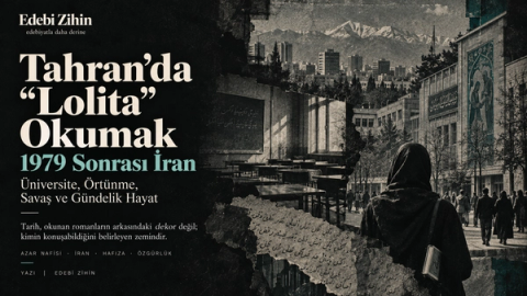 Tahran’da “Lolita” Okumak ve 1979 Sonrası İran başlıklarının yanında; boş sınıf sıraları, Tahran sokakları ve elinde kitap taşıyan bir kadın figüründen oluşan dokulu kolaj.