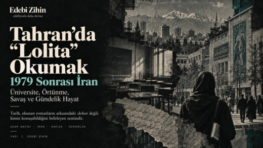 Tahran’da “Lolita” Okumak ve 1979 Sonrası İran başlıklarının yanında; boş sınıf sıraları, Tahran sokakları ve elinde kitap taşıyan bir kadın figüründen oluşan dokulu kolaj.