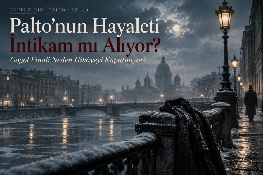 Karlı Petersburg kanalında taş korkuluğa bırakılmış koyu palto ve uzaklaşan belirsiz figürle hayalet finalini çağrıştıran Palto editoryal kapağı.