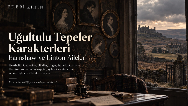 Uğultulu Tepeler karakterleri yazısının Edebî Zihin hero görseli; duvarda aile portreleri, Yorkshire bozkırına bakan iki malikâne ve Earnshaw ile Linton ailelerinin iki kuşağa yayılan ilişkilerini çağrıştıran karanlık bir iç mekân.