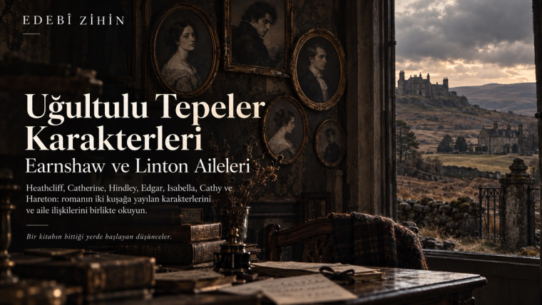 Uğultulu Tepeler karakterleri yazısının Edebî Zihin hero görseli; duvarda aile portreleri, Yorkshire bozkırına bakan iki malikâne ve Earnshaw ile Linton ailelerinin iki kuşağa yayılan ilişkilerini çağrıştıran karanlık bir iç mekân.