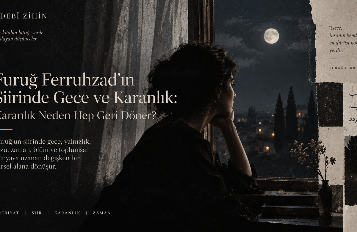 Gece manzarasına bakan kadın silueti, ay ışığı, koyu şehir dokusu ve tipografik kolajlarla Furuğ Ferruhzad’ın şiirindeki gece ve karanlık temasını yorumlayan editoryal illüstrasyon.