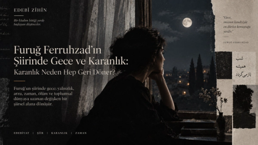 Gece manzarasına bakan kadın silueti, ay ışığı, koyu şehir dokusu ve tipografik kolajlarla Furuğ Ferruhzad’ın şiirindeki gece ve karanlık temasını yorumlayan editoryal illüstrasyon.