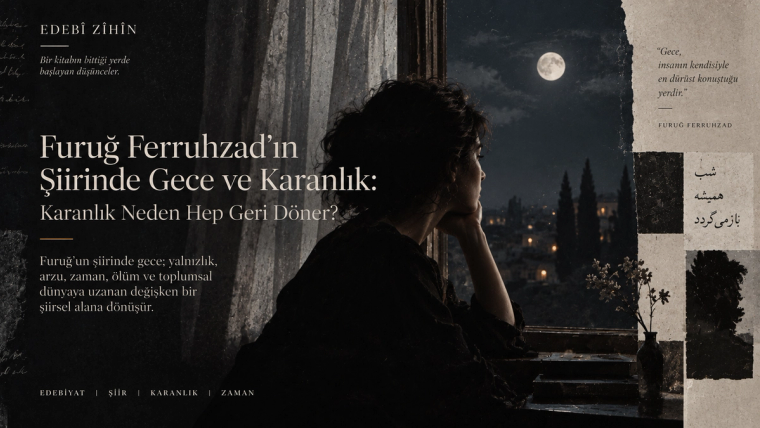 Gece manzarasına bakan kadın silueti, ay ışığı, koyu şehir dokusu ve tipografik kolajlarla Furuğ Ferruhzad’ın şiirindeki gece ve karanlık temasını yorumlayan editoryal illüstrasyon.