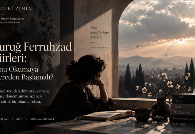 Kemerli bir açıklık önünde şiir kitabı okuyan kadın figürü, masadaki kitaplar ve uzak şehir manzarasıyla Furuğ Ferruhzad için hazırlanan beş şiirlik okuma rotasını betimleyen editoryal illüstrasyon.