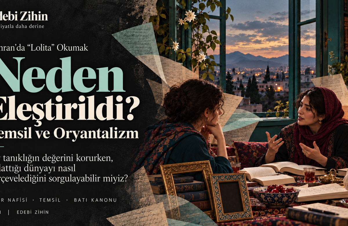 Tahran manzaralı pencere önünde açık kitaplar üzerine konuşan üç kadın. Masada boş çerçeveler, çevrede renkli sayfa kolajları; solda “Neden Eleştirildi?” başlığı yer alıyor.