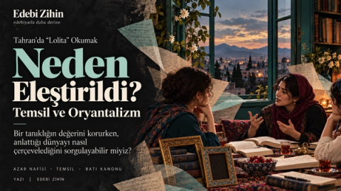 Tahran manzaralı pencere önünde açık kitaplar üzerine konuşan üç kadın. Masada boş çerçeveler, çevrede renkli sayfa kolajları; solda “Neden Eleştirildi?” başlığı yer alıyor.
