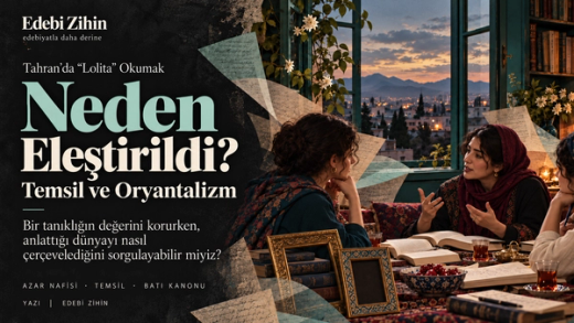 Tahran manzaralı pencere önünde açık kitaplar üzerine konuşan üç kadın. Masada boş çerçeveler, çevrede renkli sayfa kolajları; solda “Neden Eleştirildi?” başlığı yer alıyor.