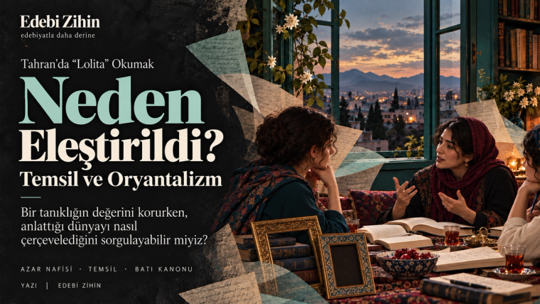 Tahran manzaralı pencere önünde açık kitaplar üzerine konuşan üç kadın. Masada boş çerçeveler, çevrede renkli sayfa kolajları; solda “Neden Eleştirildi?” başlığı yer alıyor.