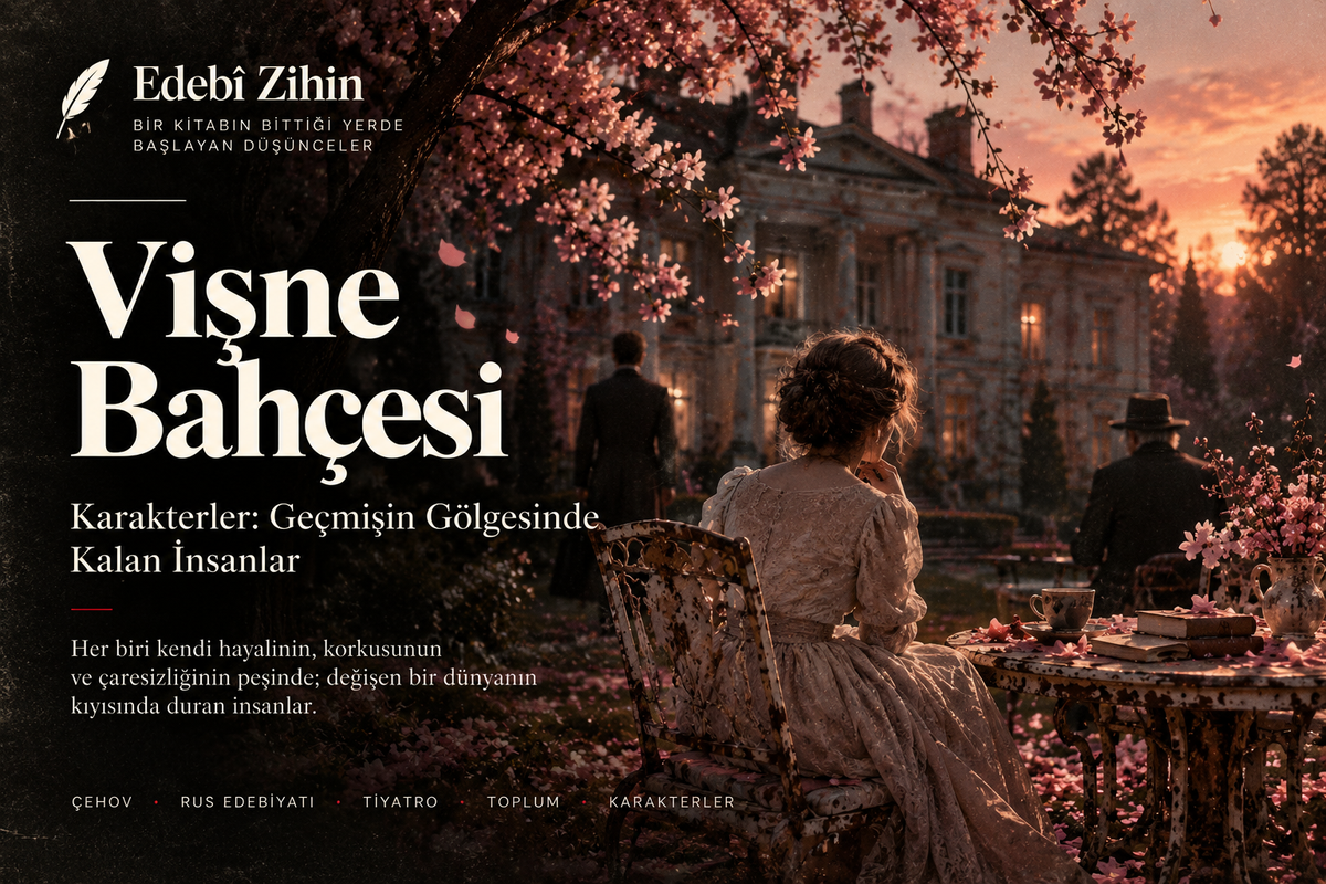 Vişne Bahçesi karakterleri — Ranevskaya, Lopahin, Trofimov ve Firs’in değişen dünyayla ilişkisini anlatan Edebî Zihin editoryal görseli