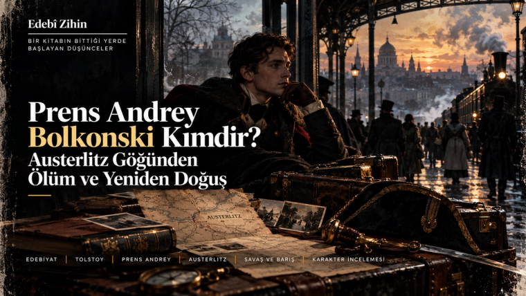 Prens Andrey Bolkonski’yi Austerlitz haritası, askerî eşyalar, kış manzarası ve uzak savaş atmosferi içinde gösteren; karakterin şan arzusundan içsel dönüşüme uzanan yolculuğunu simgeleyen Edebî Zihin illüstrasyonu.