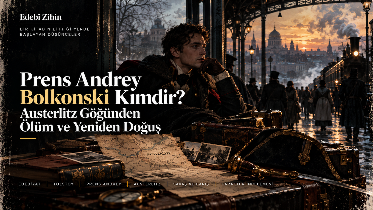 Prens Andrey Bolkonski’yi Austerlitz haritası, askerî eşyalar, kış manzarası ve uzak savaş atmosferi içinde gösteren; karakterin şan arzusundan içsel dönüşüme uzanan yolculuğunu simgeleyen Edebî Zihin illüstrasyonu.