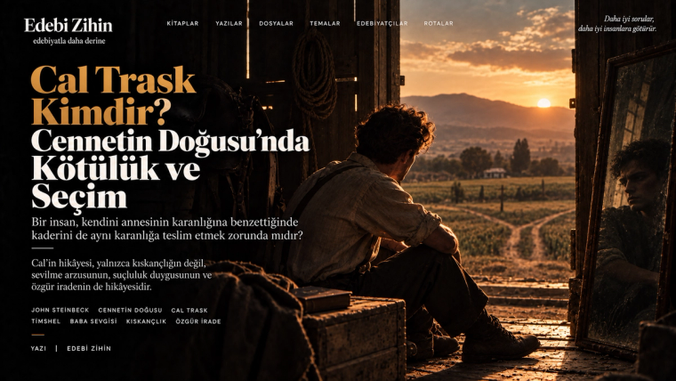 Salinas Vadisi’ne açılan bir kapının önünde oturan Cal Trask figürüyle kötülük, miras, suçluluk ve özgür irade arasındaki çatışmayı anlatan editoryal hero görseli