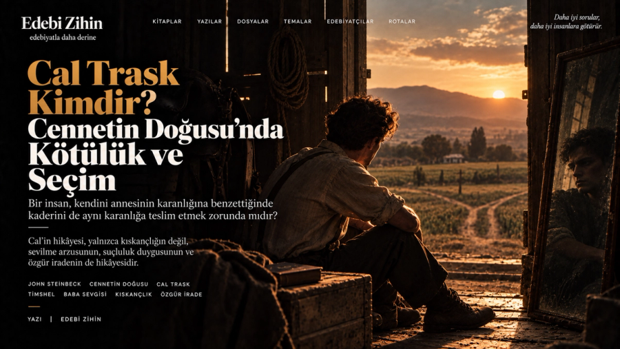 Salinas Vadisi’ne açılan bir kapının önünde oturan Cal Trask figürüyle kötülük, miras, suçluluk ve özgür irade arasındaki çatışmayı anlatan editoryal hero görseli